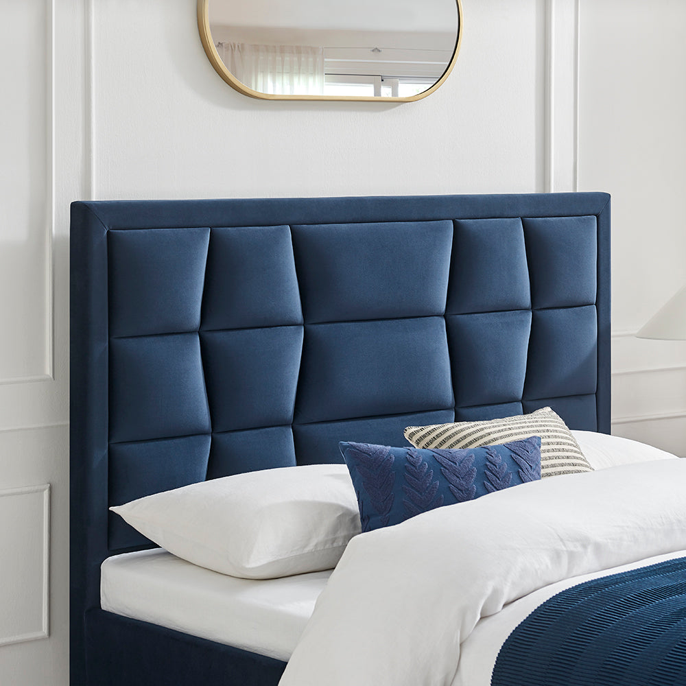 Marlowe Geometric Velvet Bed Frame in Navy Blue – product view 9
