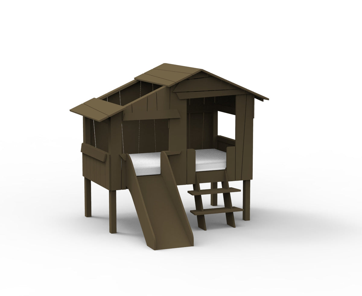 Mathy by Bols Small Treehouse Bed with Slide (90 x 150cm) in Artichoke