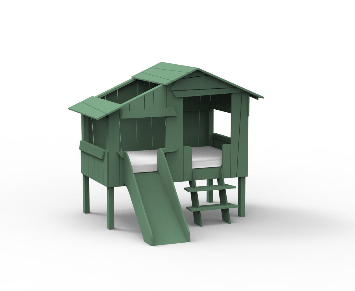 Mathy by Bols Small Treehouse Bed with Slide (90 x 150cm) in Jungle Green