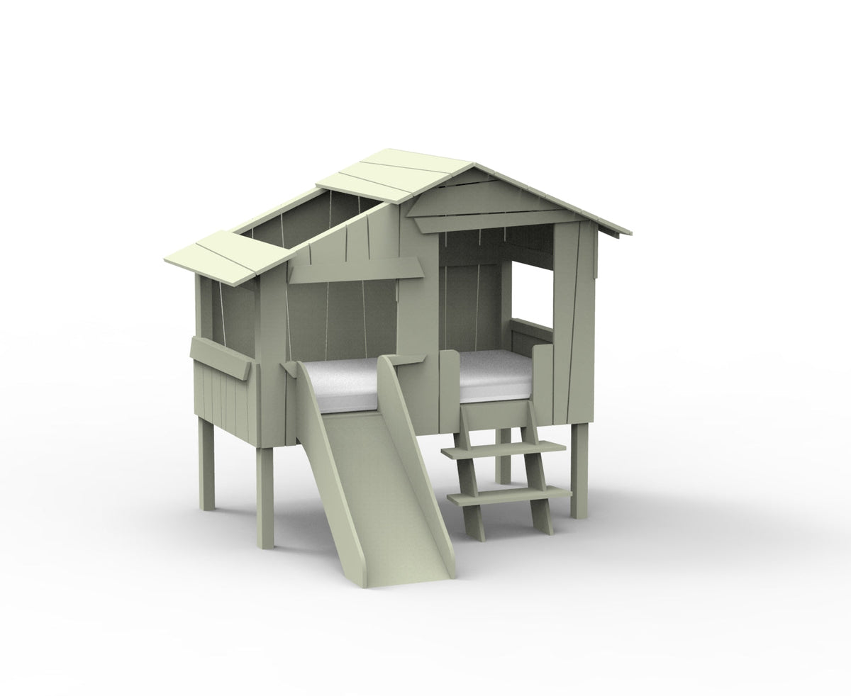Mathy by Bols Small Treehouse Bed with Slide (90 x 150cm) in Moss Grey