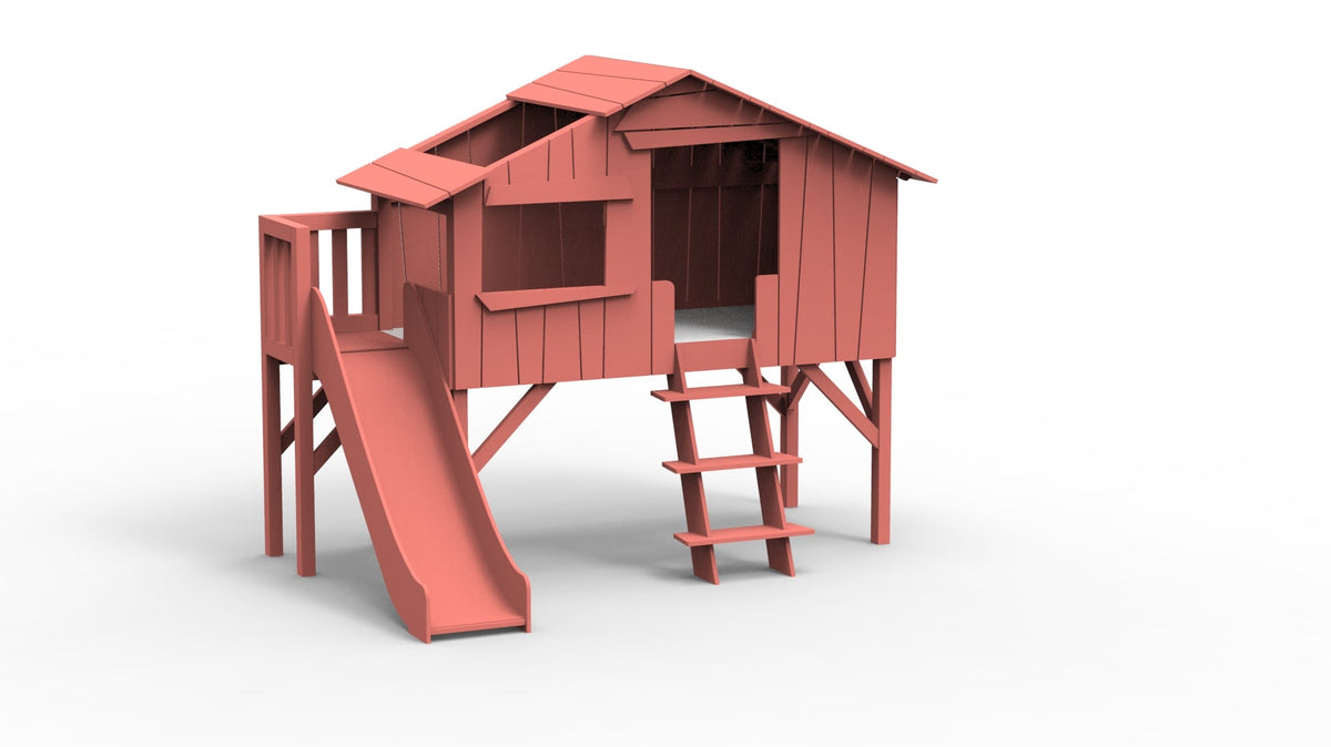 Mathy by Bols Treehouse Bed with Platform and Slide in Coral