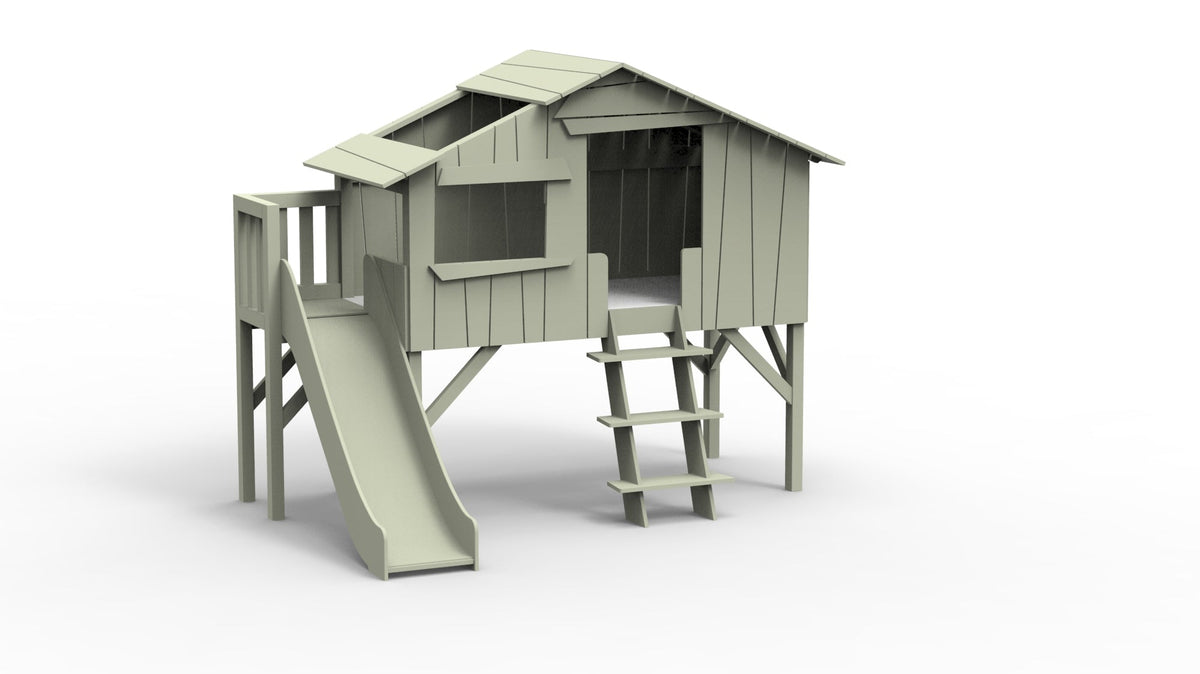 Mathy by Bols Treehouse Bed with Platform and Slide in Moss Grey