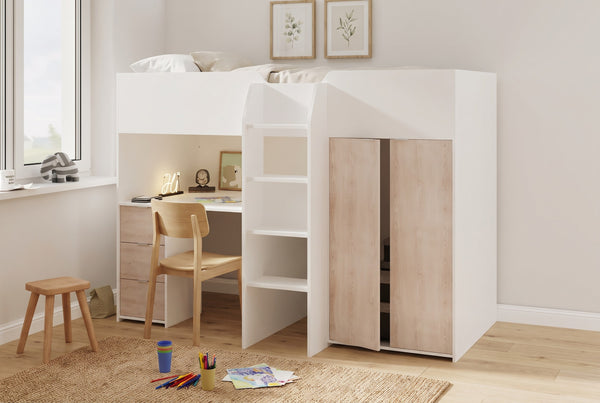 Mini High Sleeper in white and oak with wardrobe, desk and three drawers, in a light bedroom