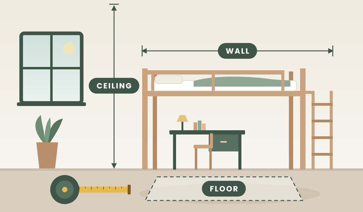 A wooden bunk bed with a pull-out trundle bed in a styled bedroom. White text callouts with numbers 1, 2, and 3 indicate bed dimensions: 70cm+ wall length, 90cm bed height, and the bed length itself.