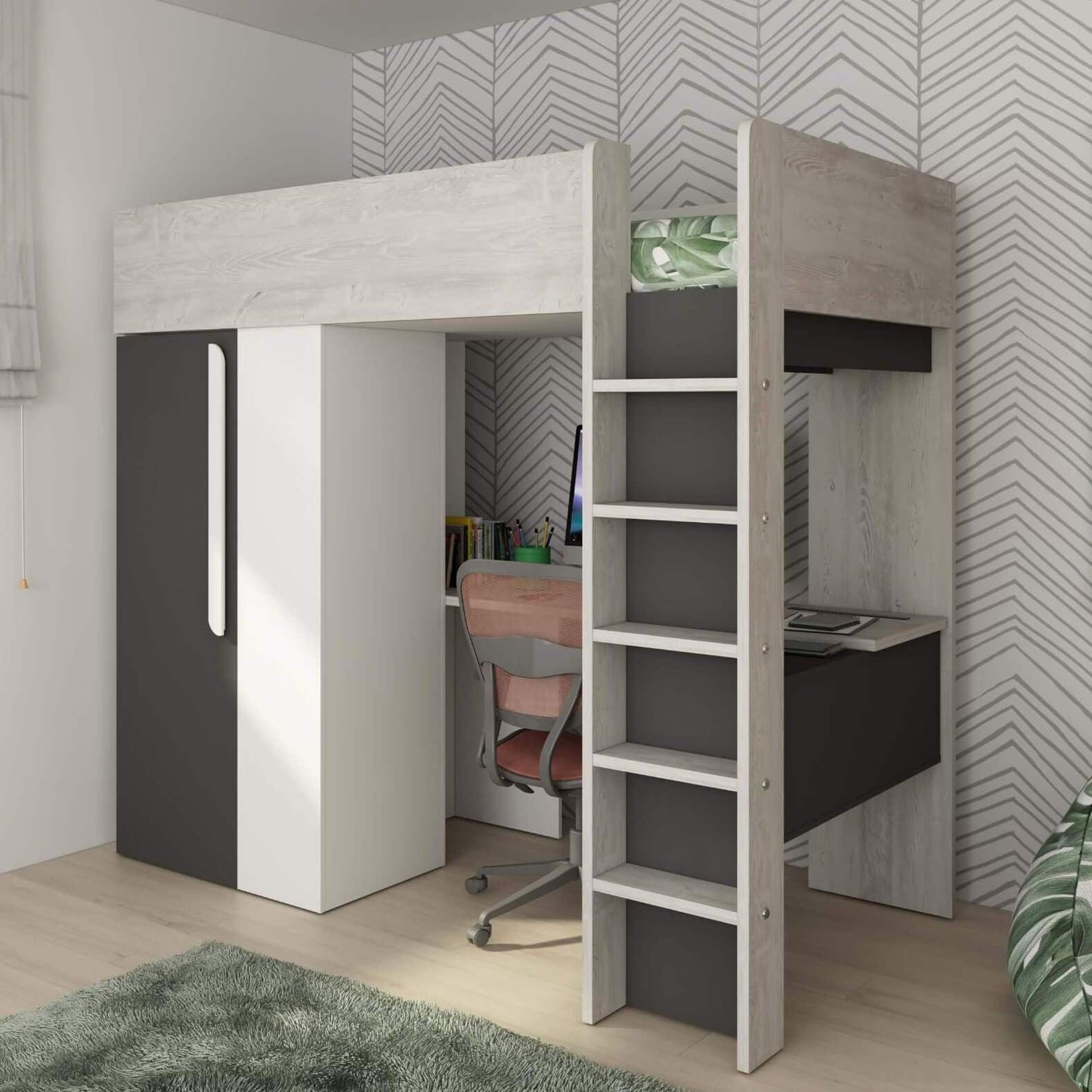 Mont Blanc High Sleeper Loft Bed with Desk, Wardrobe & Shelves - Millie & Jones