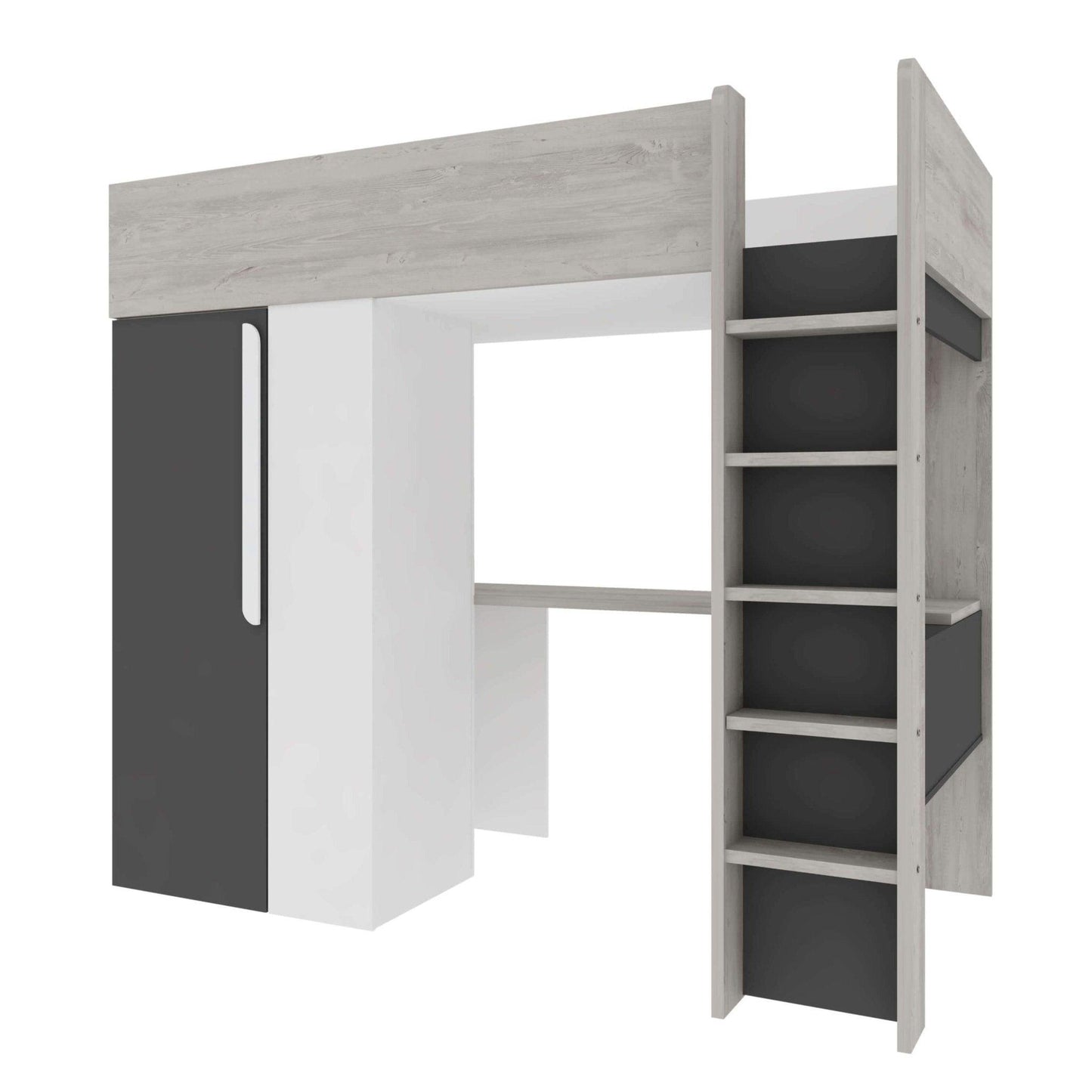 Mont Blanc High Sleeper Loft Bed with Desk, Wardrobe & Shelves - Millie & Jones