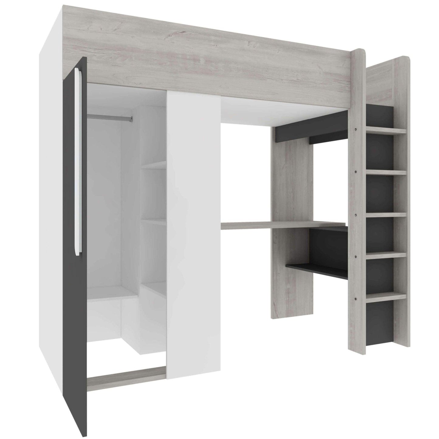 Mont Blanc High Sleeper Loft Bed with Desk, Wardrobe & Shelves - Millie & Jones