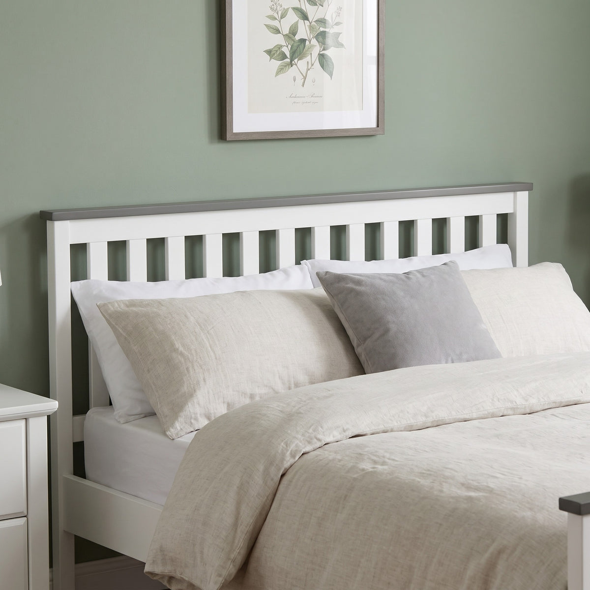 Close-up of the Nami headboard: white vertical slats under a grey top cap