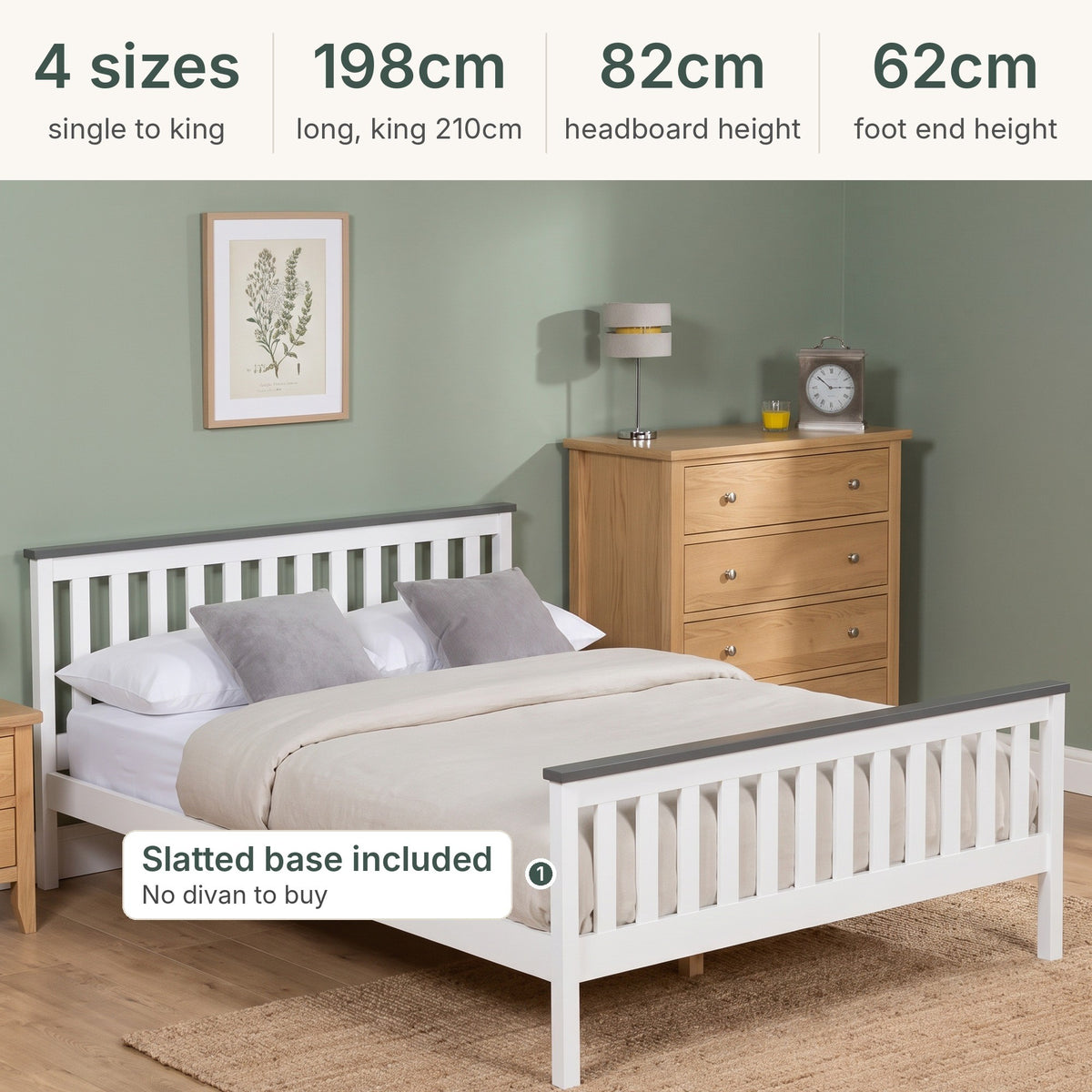 Nami bed sizes: single to king, 198cm long (king 210cm), 82cm headboard, 62cm foot end, slatted base included
