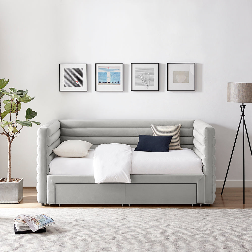 Elowen Velvet Daybed with Two Storage Drawers in Grey – product view 3