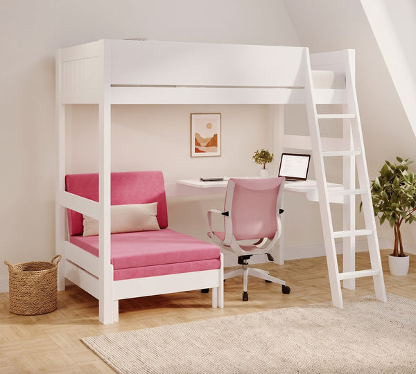 Oxford high sleeper in white with a pink sofa bed and built-in desk underneath, in a bright bedroom