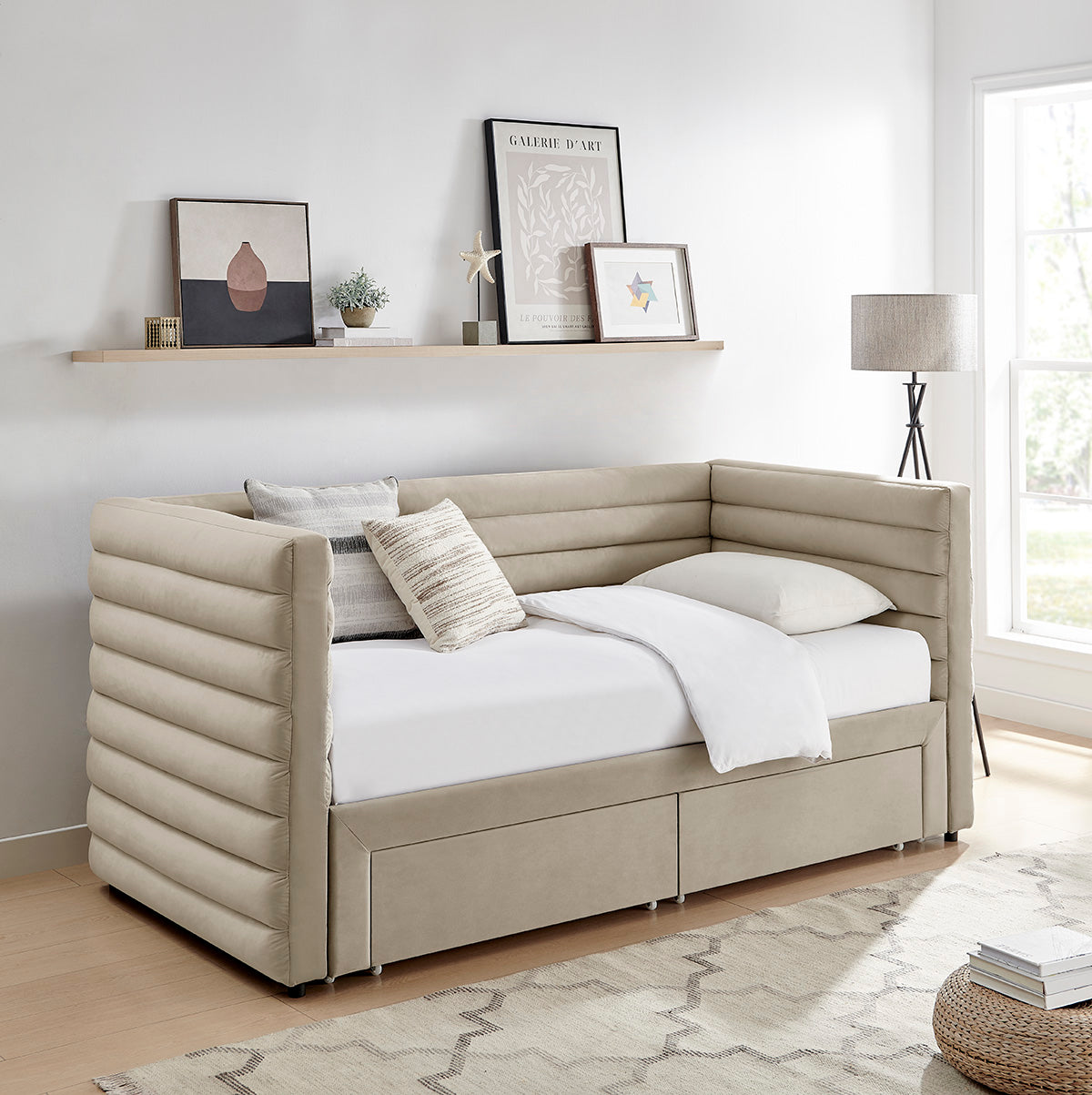 Elowen Velvet Daybed with Two Storage Drawers in Taupe – product view 13