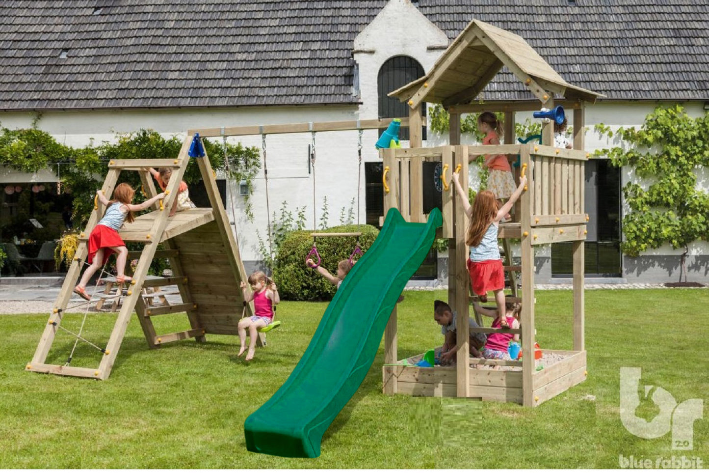 Pagoda Climbing Frame with Slide, Sandpit & Rockwall