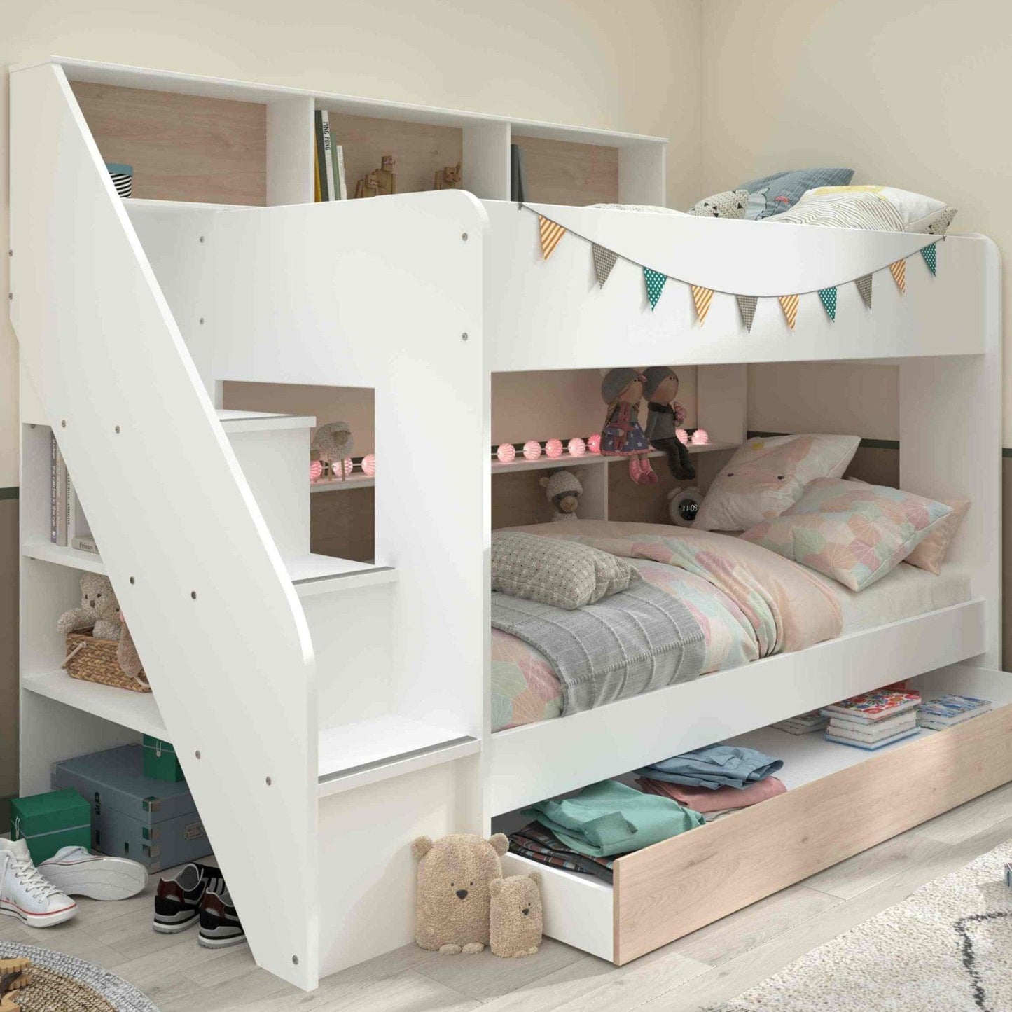 The Biblio Bunk Bed with Stairs, Shelves & Optional Trundle Bed - Millie & Jones