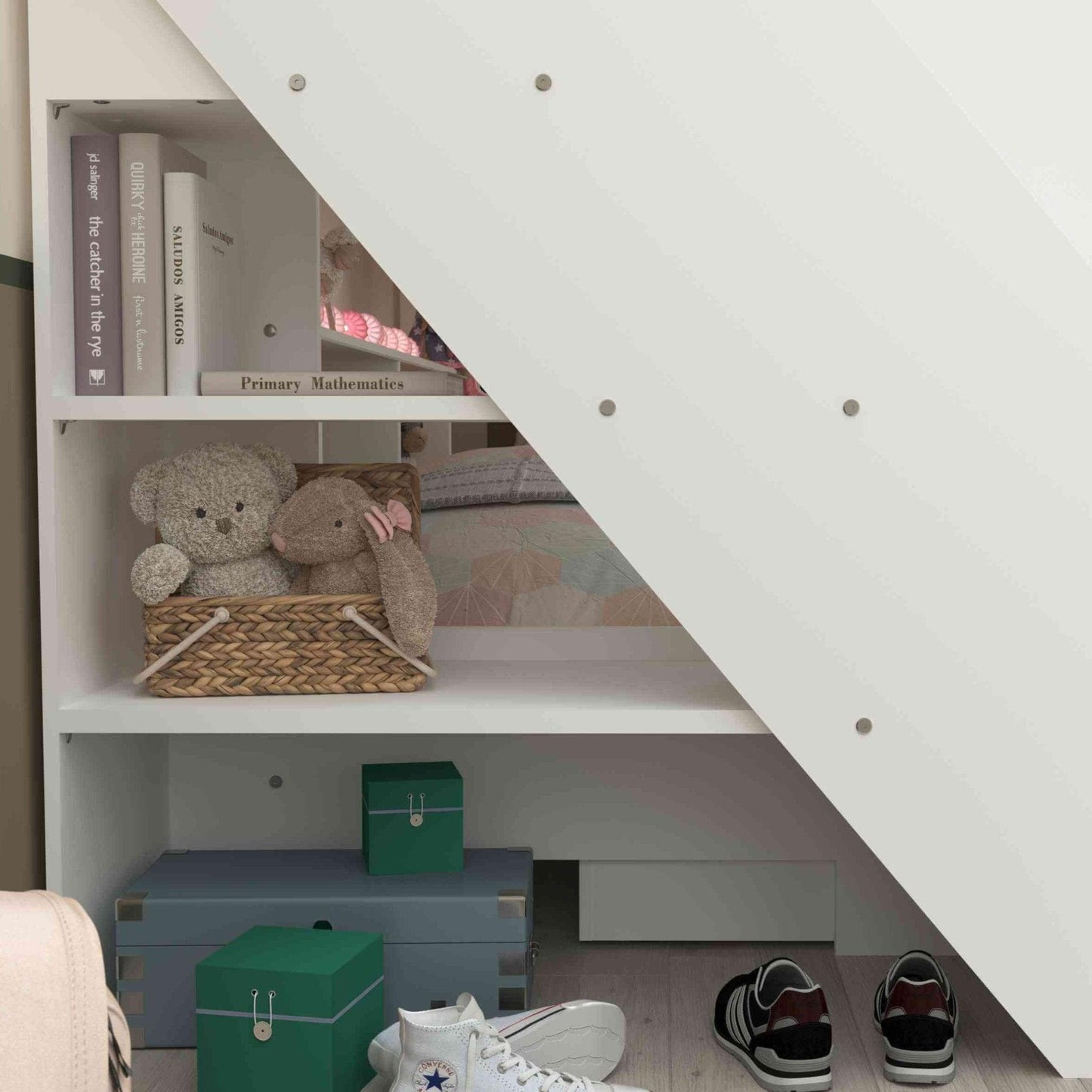 The Biblio Bunk Bed with Stairs, Shelves & Optional Trundle Bed - Millie & Jones