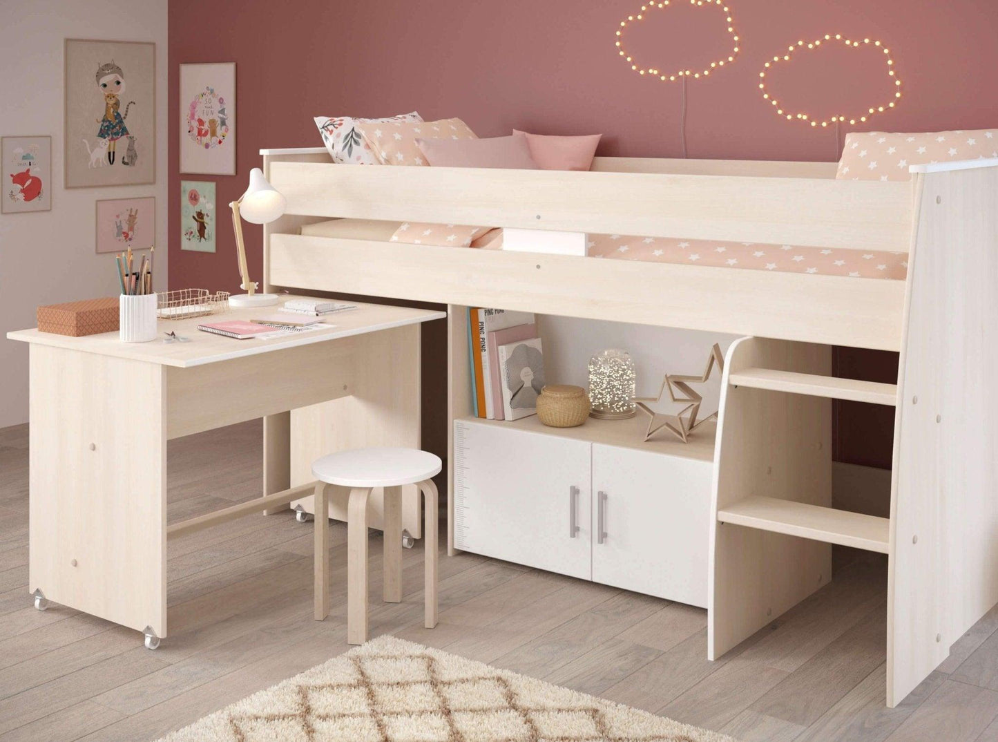 The Charly Mid Sleeper Bed with Desk & Cupboard - Millie & Jones