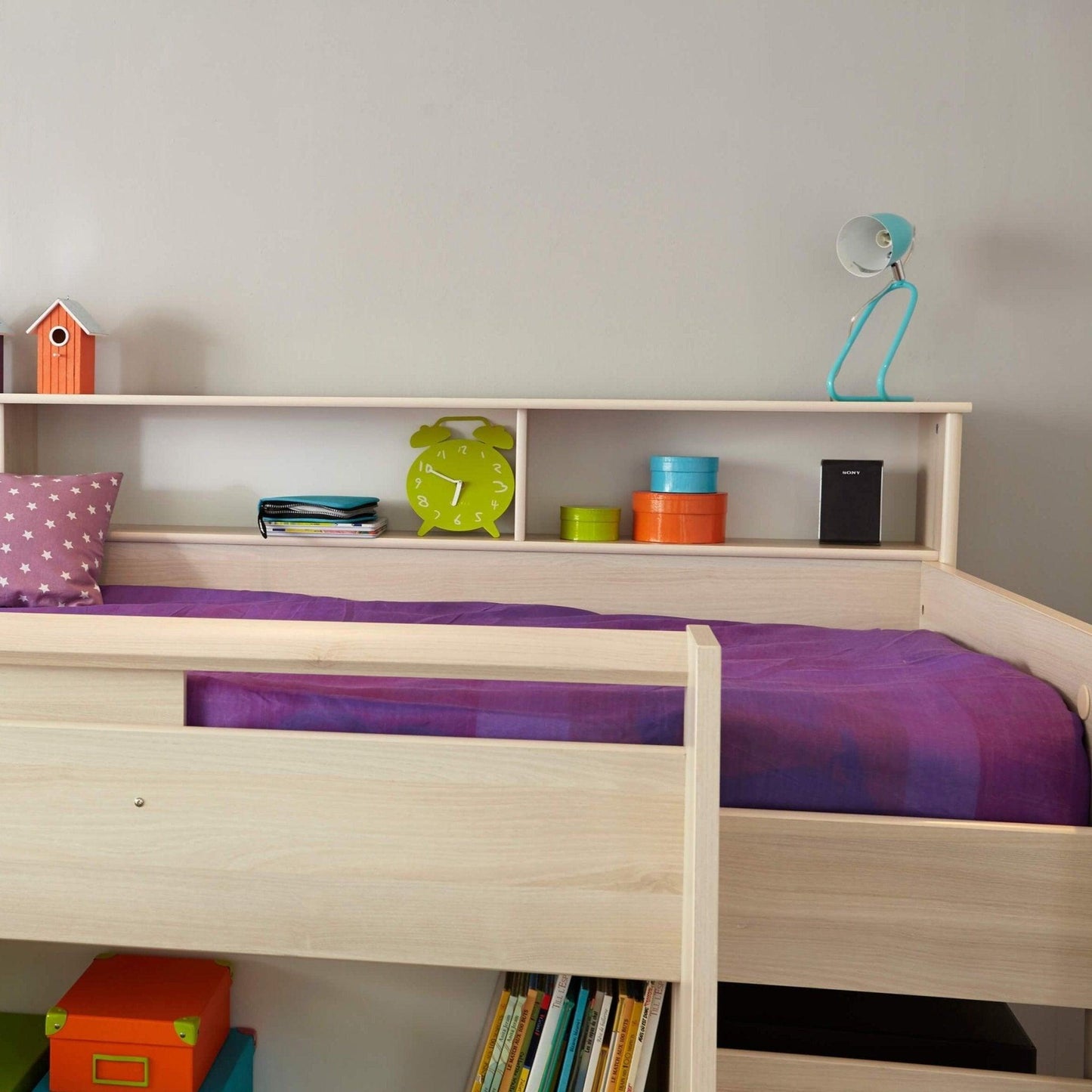 The Swan Mid Sleeper Bed with Pull Out Desk, Cupboard & Shelves - Millie & Jones