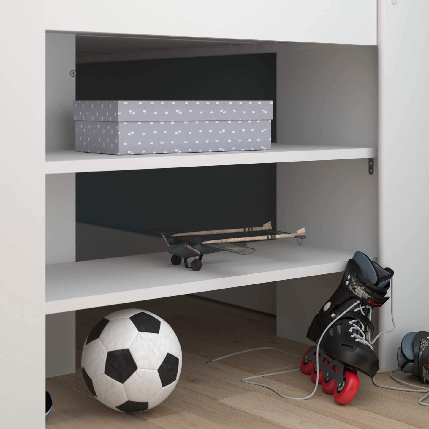 The Swan Mid Sleeper Bed with Pull Out Desk, Cupboard & Shelves - Millie & Jones