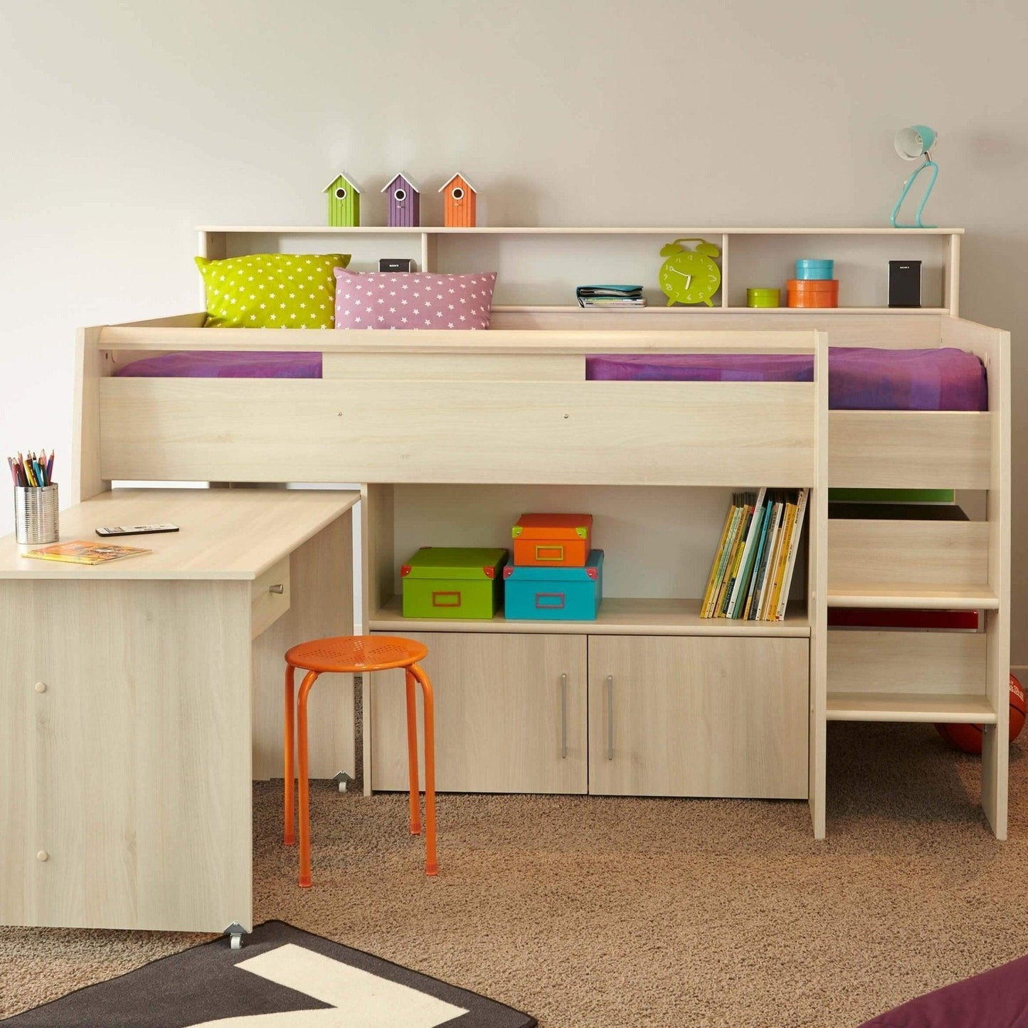 The Swan Mid Sleeper Bed with Pull Out Desk, Cupboard & Shelves - Millie & Jones