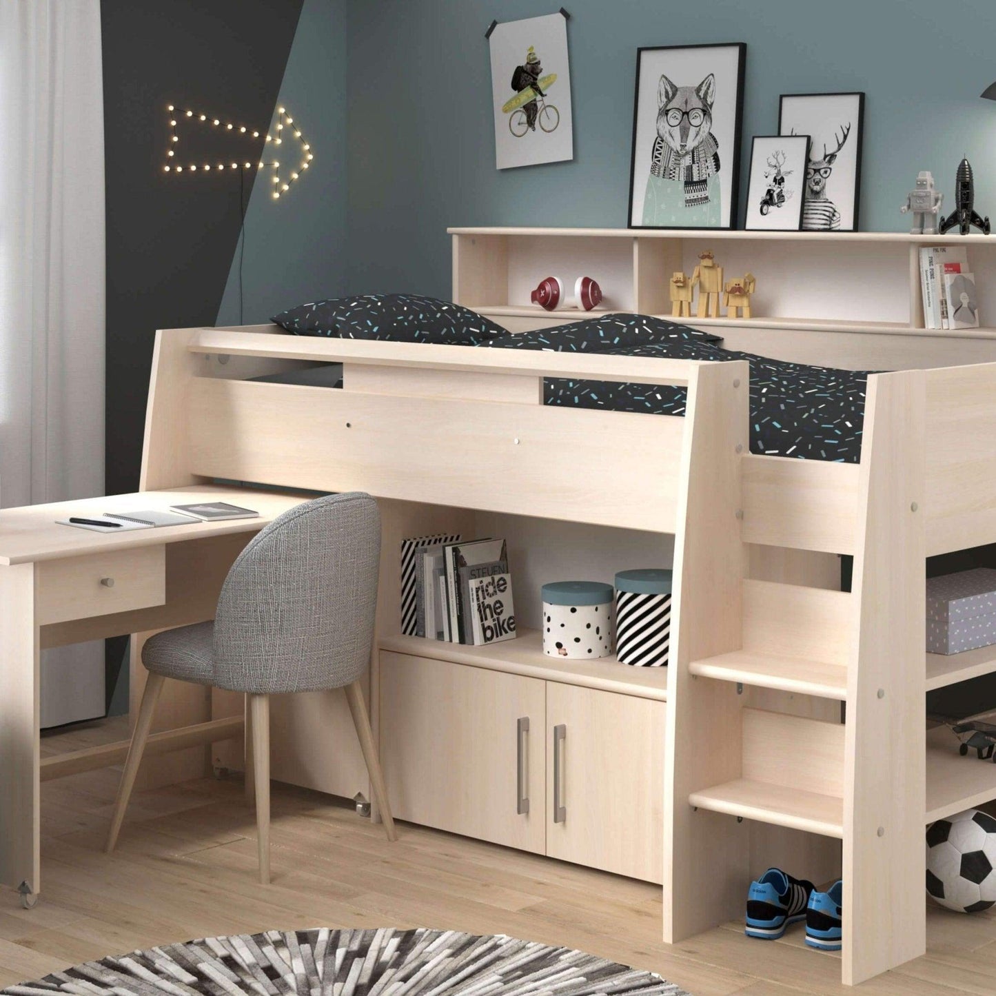 The Swan Mid Sleeper Bed with Pull Out Desk, Cupboard & Shelves - Millie & Jones