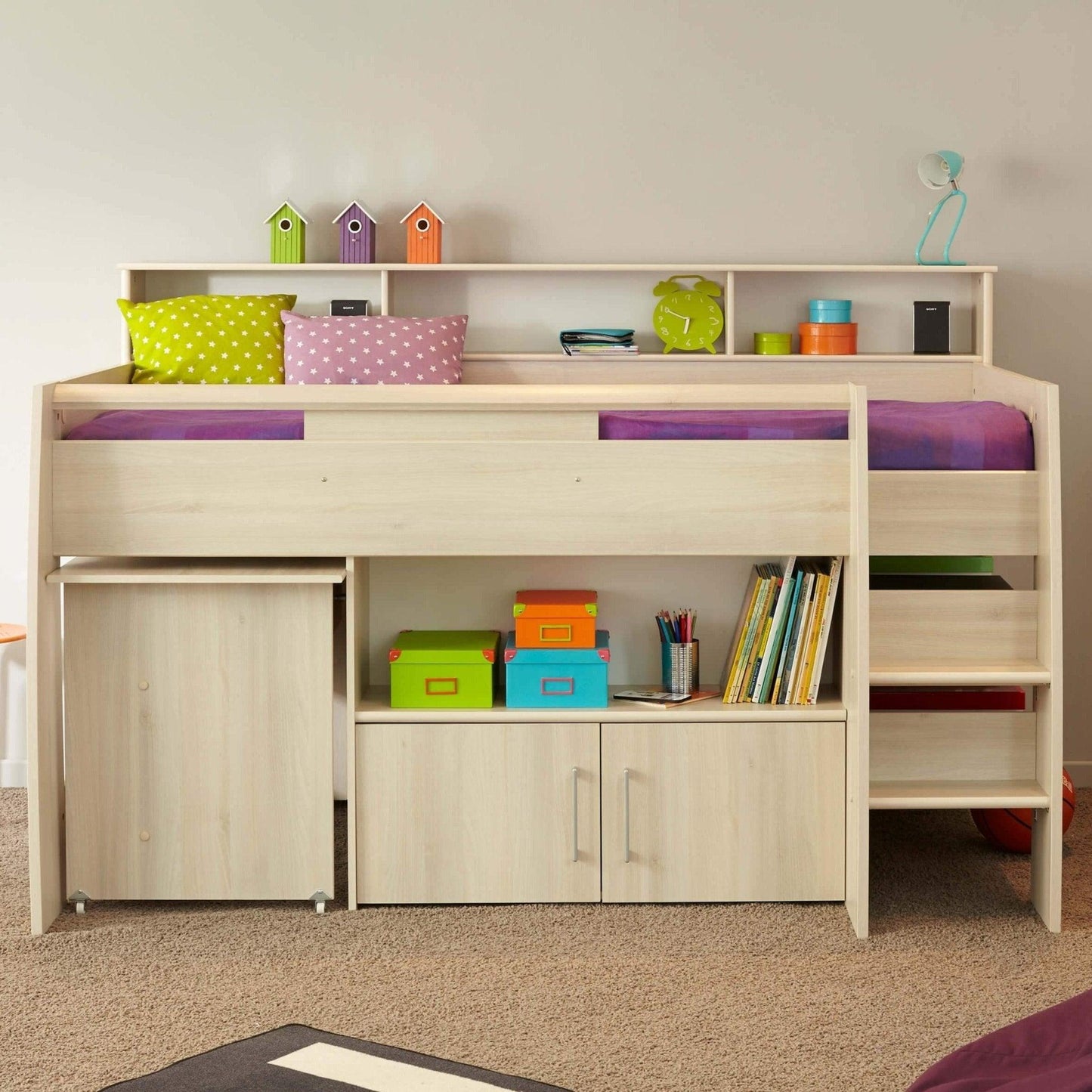 The Swan Mid Sleeper Bed with Pull Out Desk, Cupboard & Shelves - Millie & Jones