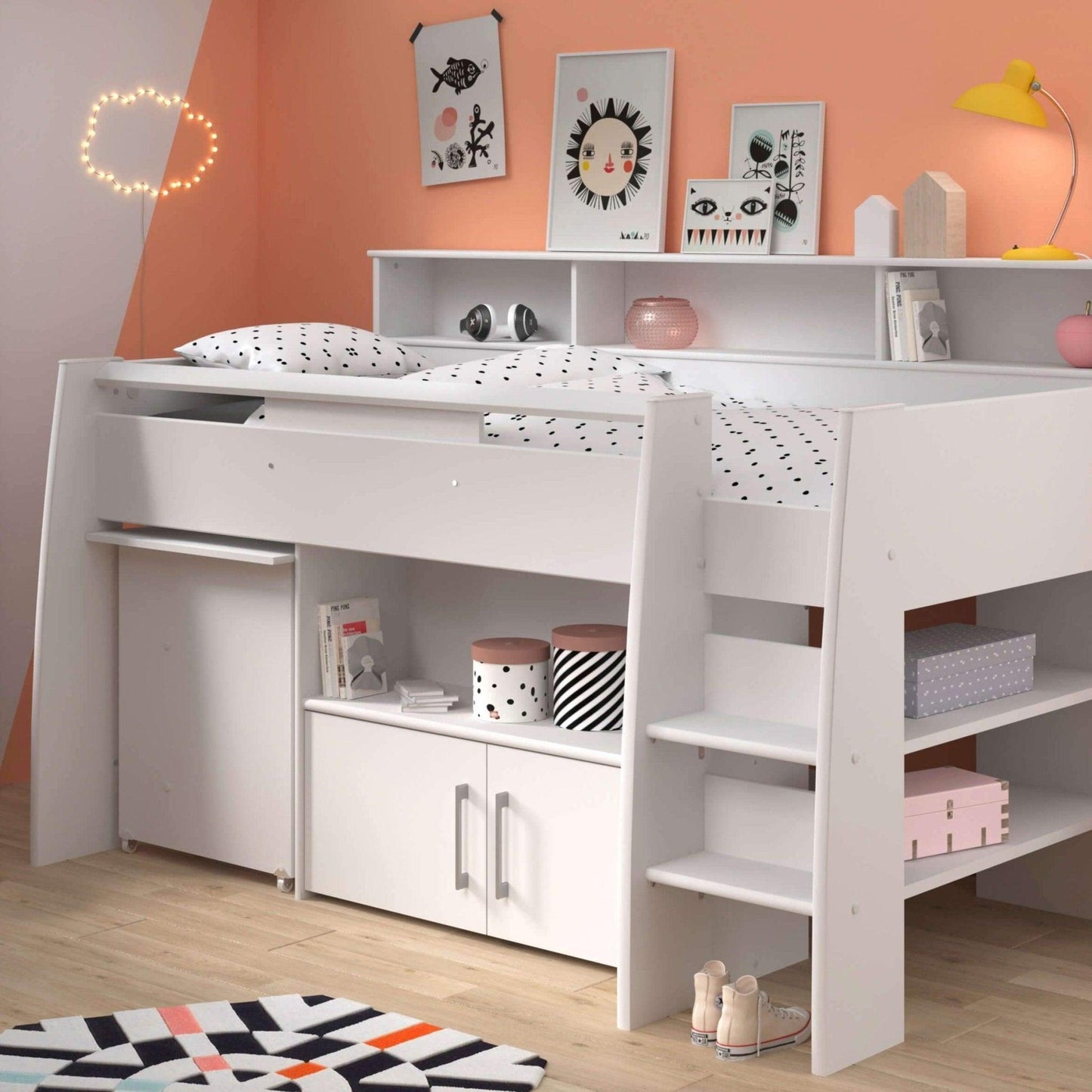 The Swan Mid Sleeper Bed with Pull Out Desk, Cupboard & Shelves - Millie & Jones