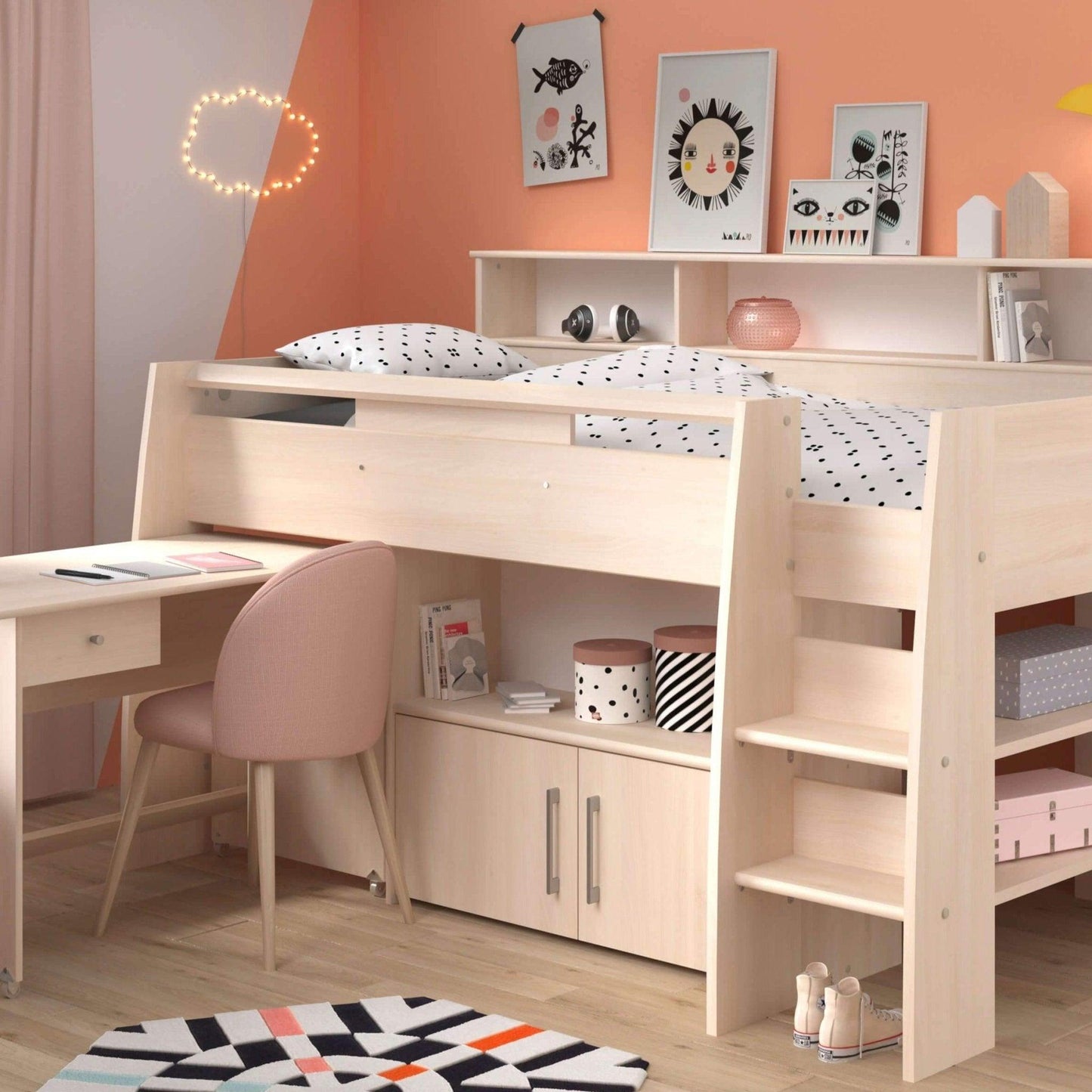 The Swan Mid Sleeper Bed with Pull Out Desk, Cupboard & Shelves - Millie & Jones