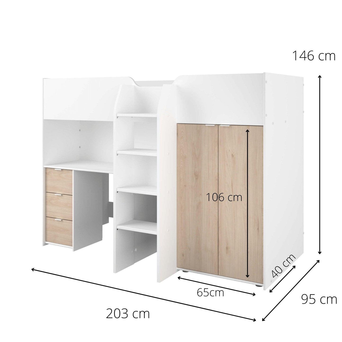 Tom Junior Highsleeper Bed with Wardrobe & Desk - Millie & Jones