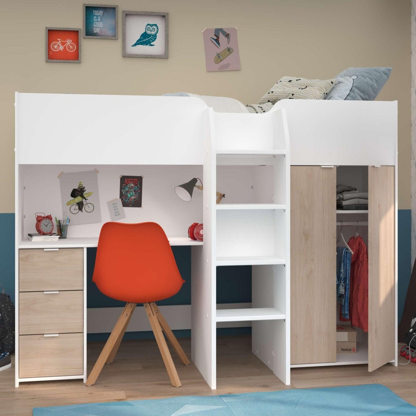 Tom Junior Highsleeper Bed with Wardrobe & Desk - Millie & Jones