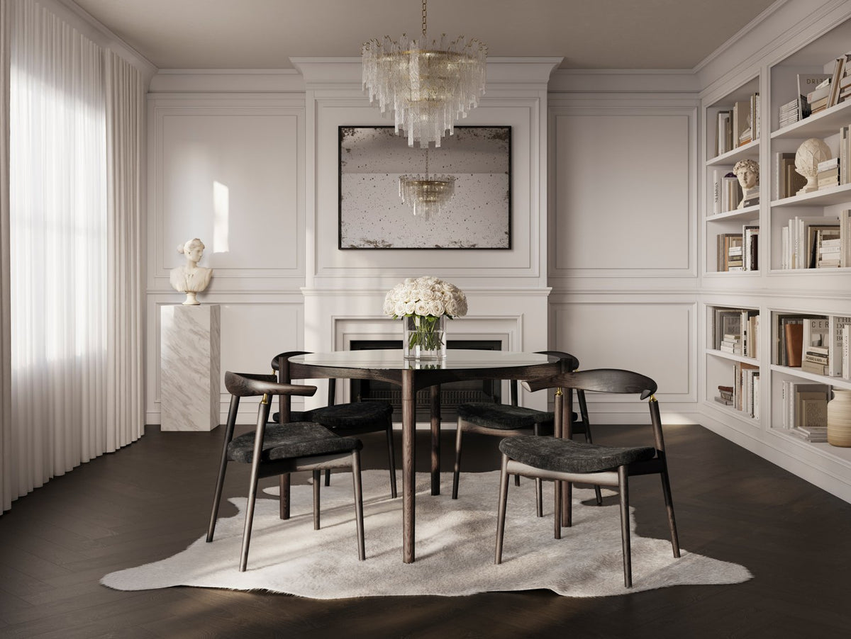 Petworth glass top dining table with curved wooden base