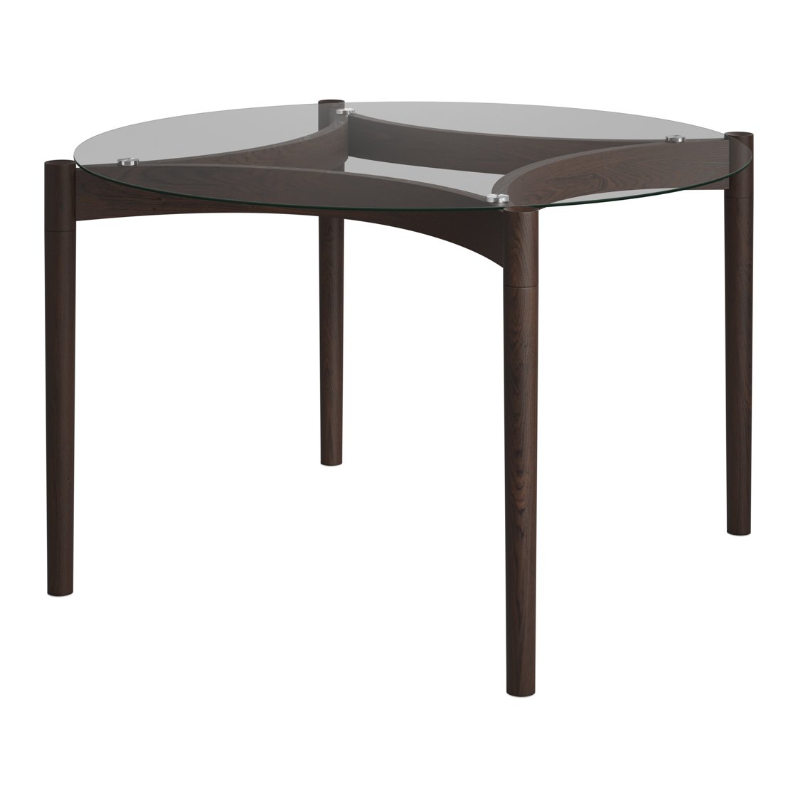 Petworth glass top dining table with curved wooden base in Clear and Chocolate