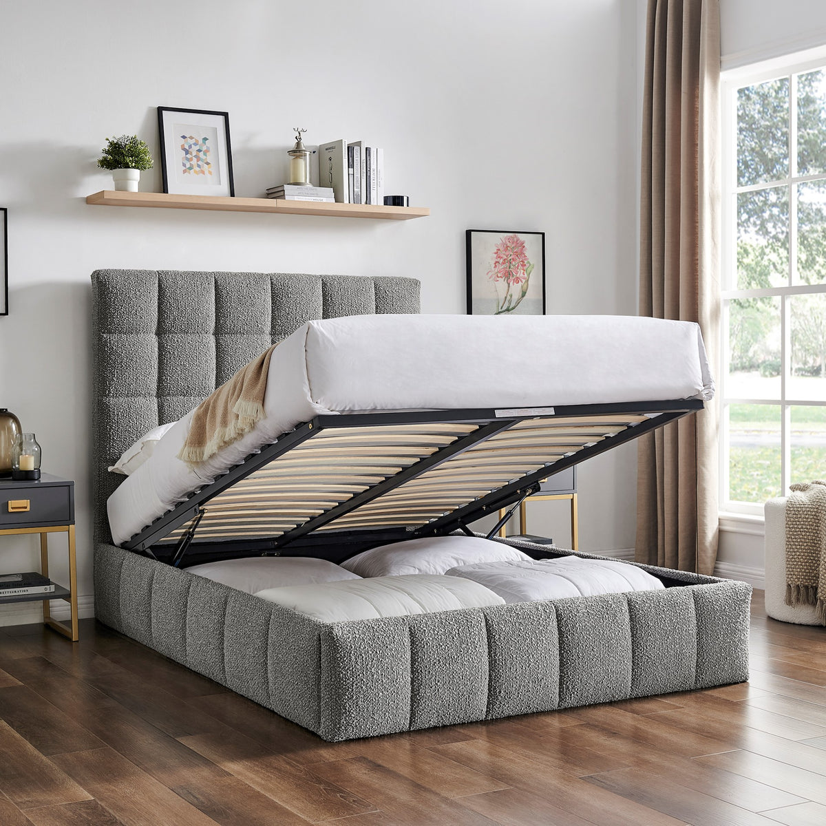 Rosehaven Boucle Ottoman King Bed in Dove Grey – product view 1