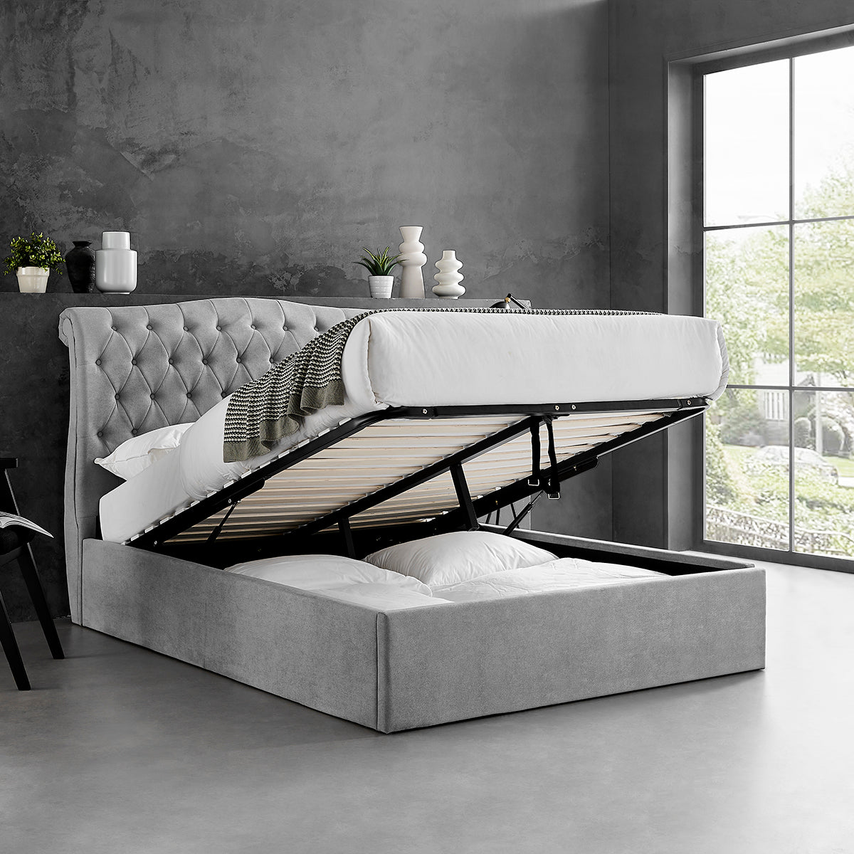 Roselyn Buttoned Ottoman Storage Bed in Light Grey – product view 3