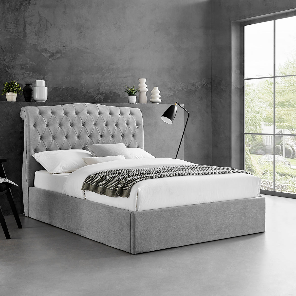 Roselyn Buttoned Ottoman Storage Bed in Light Grey – product view 4