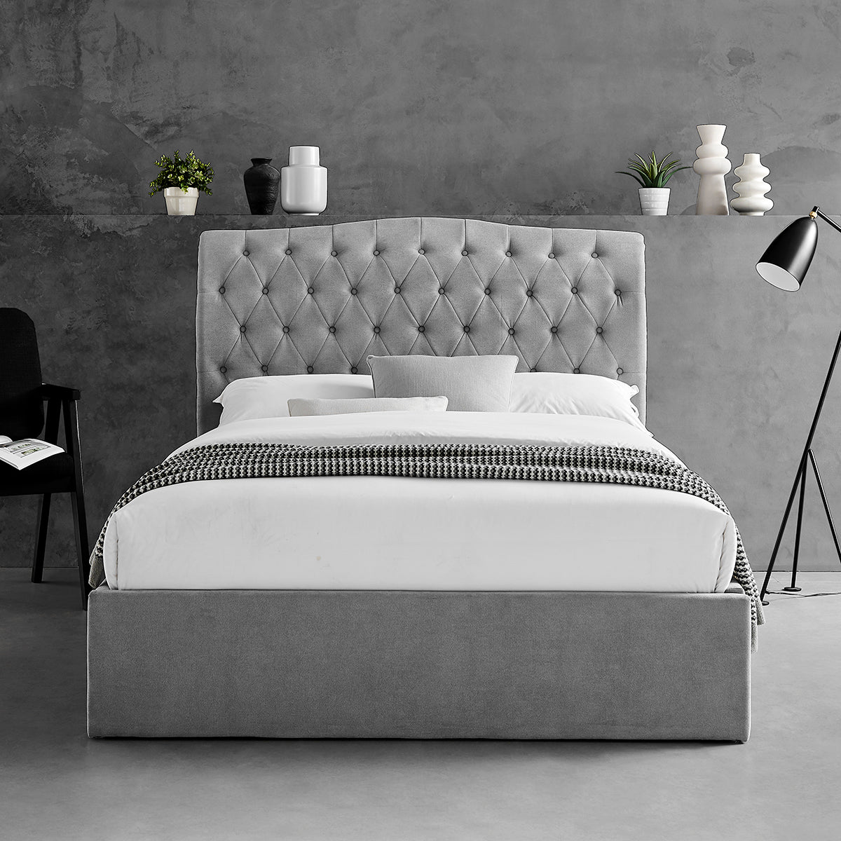 Roselyn Buttoned Ottoman Storage Bed in Light Grey – product view 5