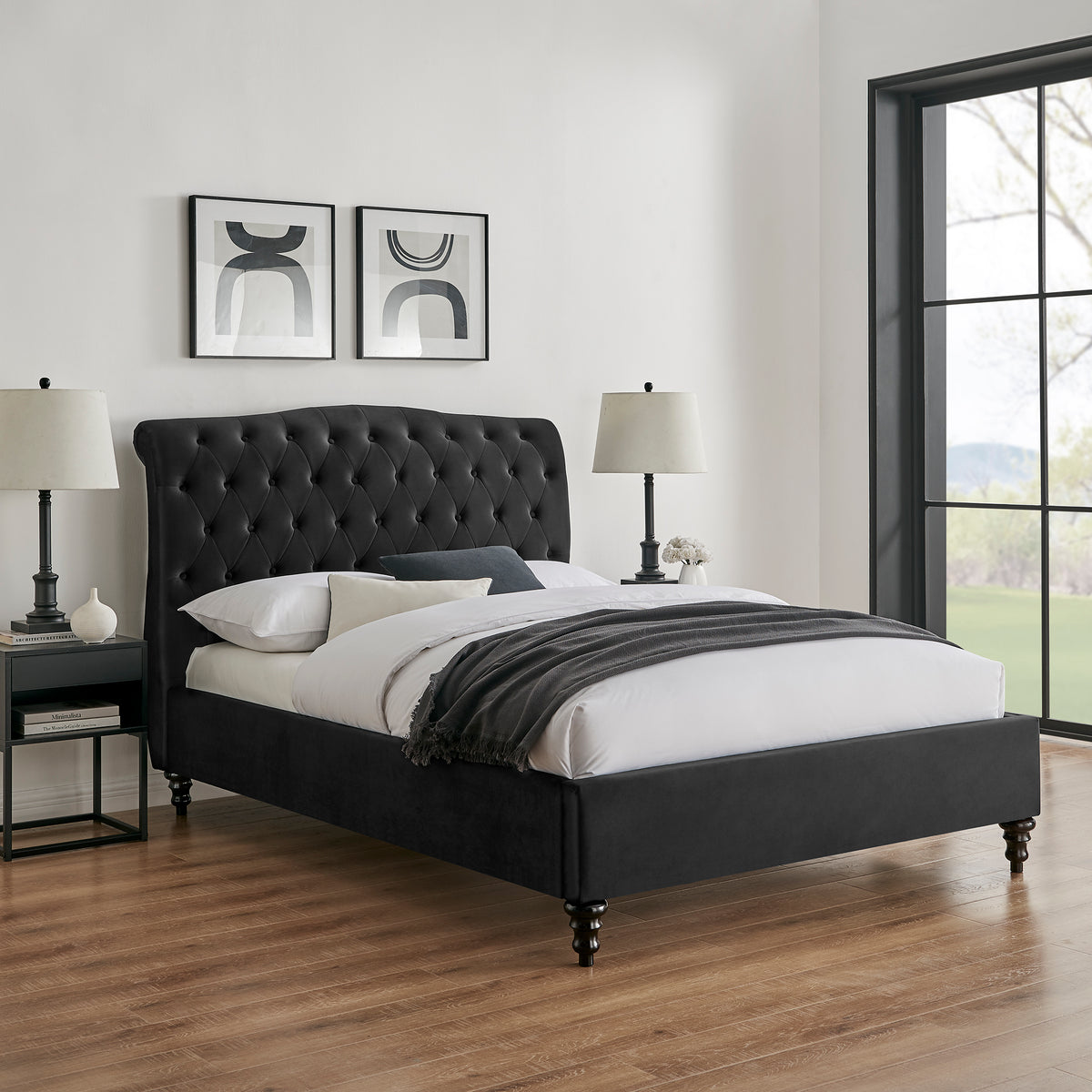 Roselyn Buttoned Upholstered Bed Frame in Black Velvet – product view 2