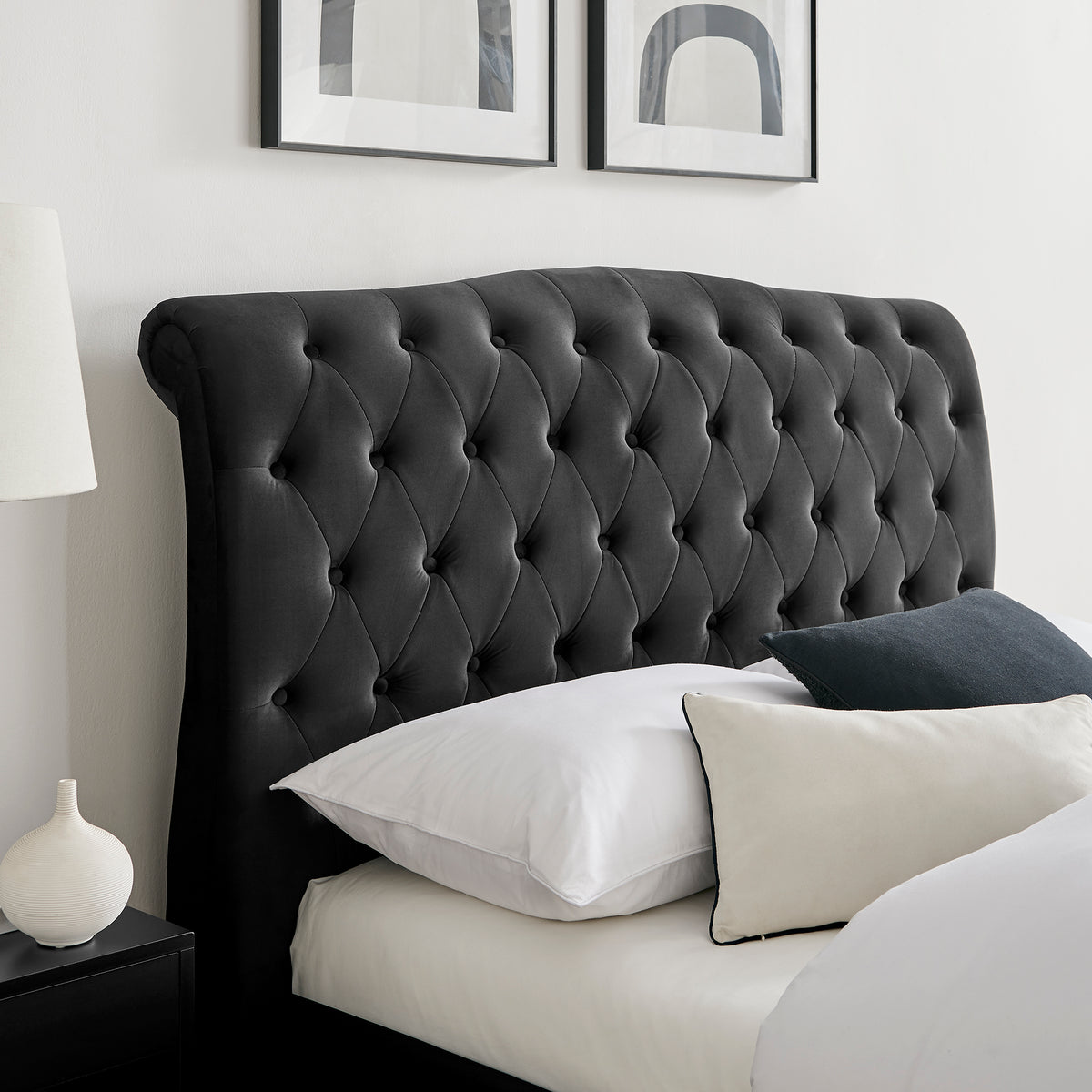 Roselyn Buttoned Upholstered Bed Frame in Black Velvet – product view 3