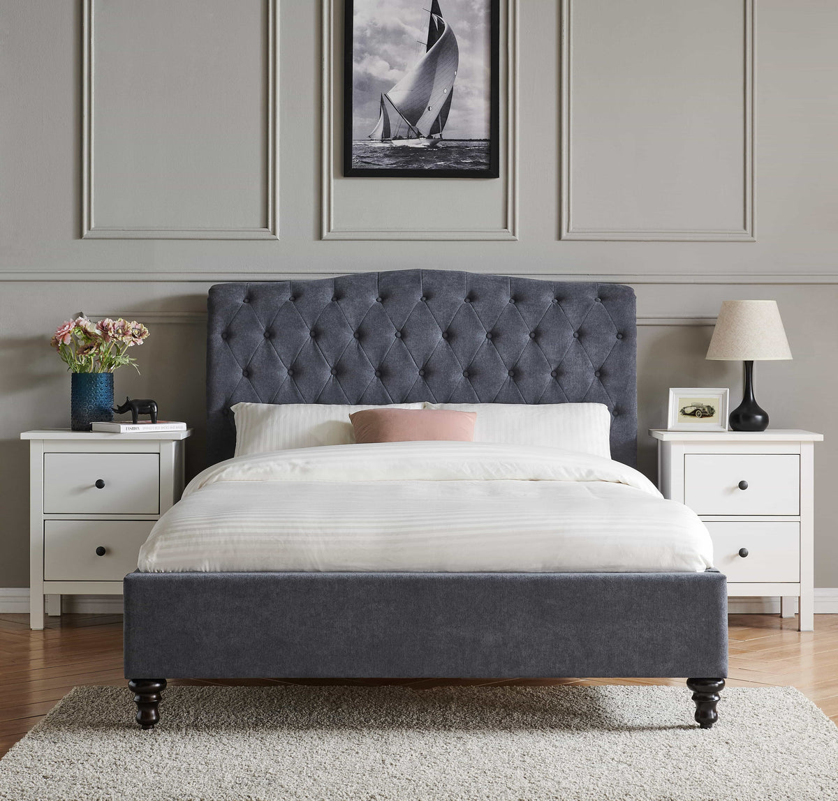 Roselyn Buttoned Upholstered Bed Frame in Dark Grey – product view 8