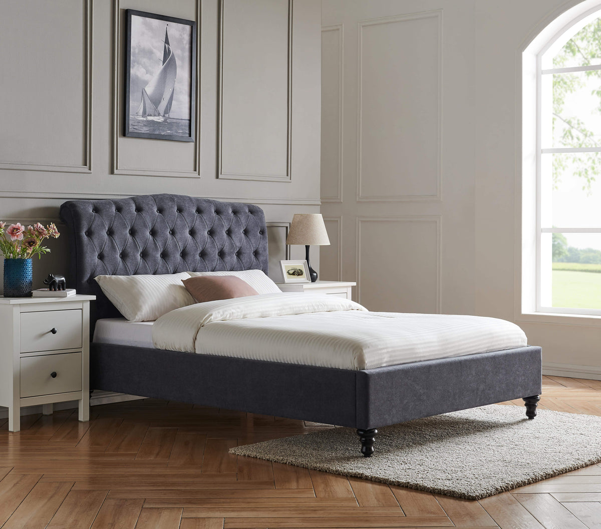 Roselyn Buttoned Upholstered Bed Frame in Dark Grey – product view 9