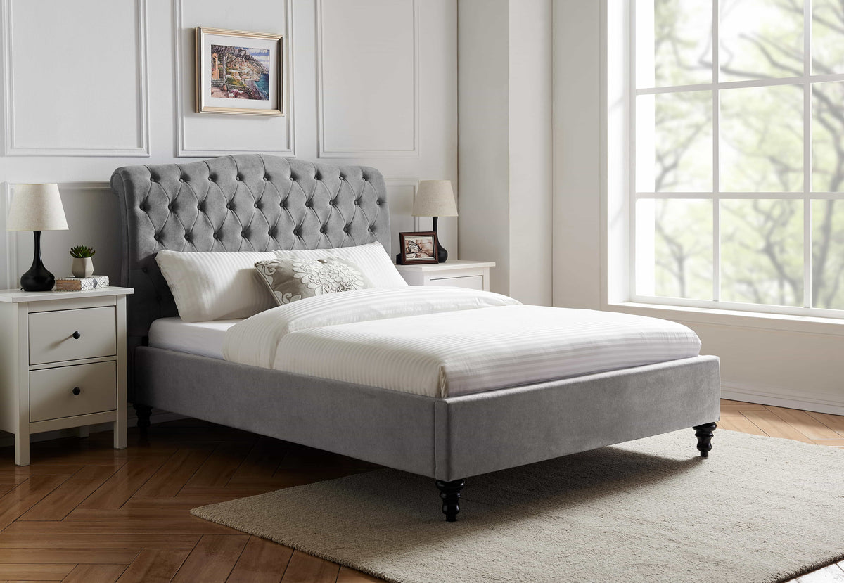 Roselyn Buttoned Upholstered Bed Frame in Light Grey – product view 15