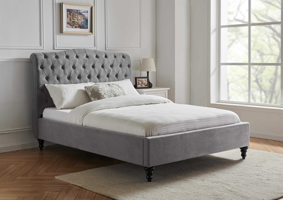 Roselyn Buttoned Upholstered Bed Frame in Light Grey – product view 16