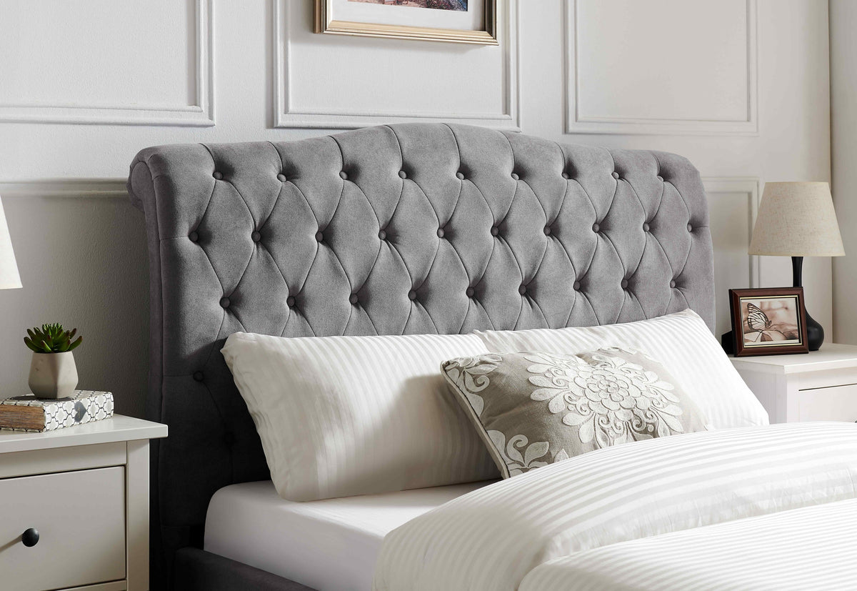 Roselyn Buttoned Upholstered Bed Frame in Light Grey – product view 17