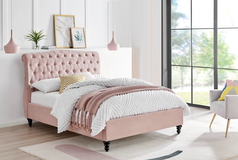Roselyn Buttoned Upholstered Bed Frame in Pink – product view 27