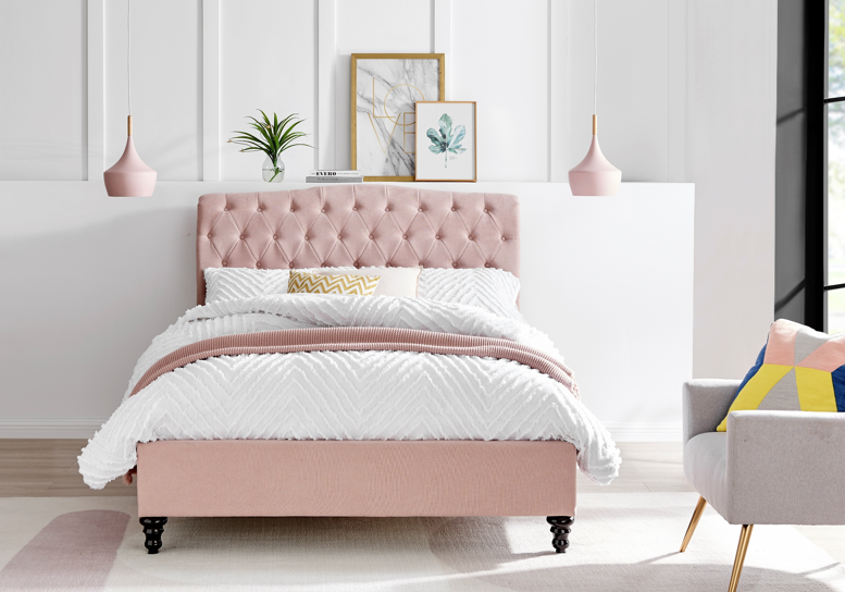 Roselyn Buttoned Upholstered Bed Frame in Pink – product view 28
