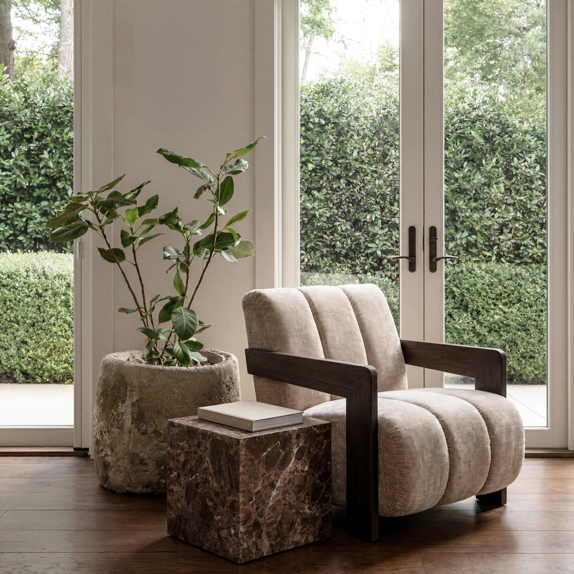 Sheen chenille armchair with elm frame