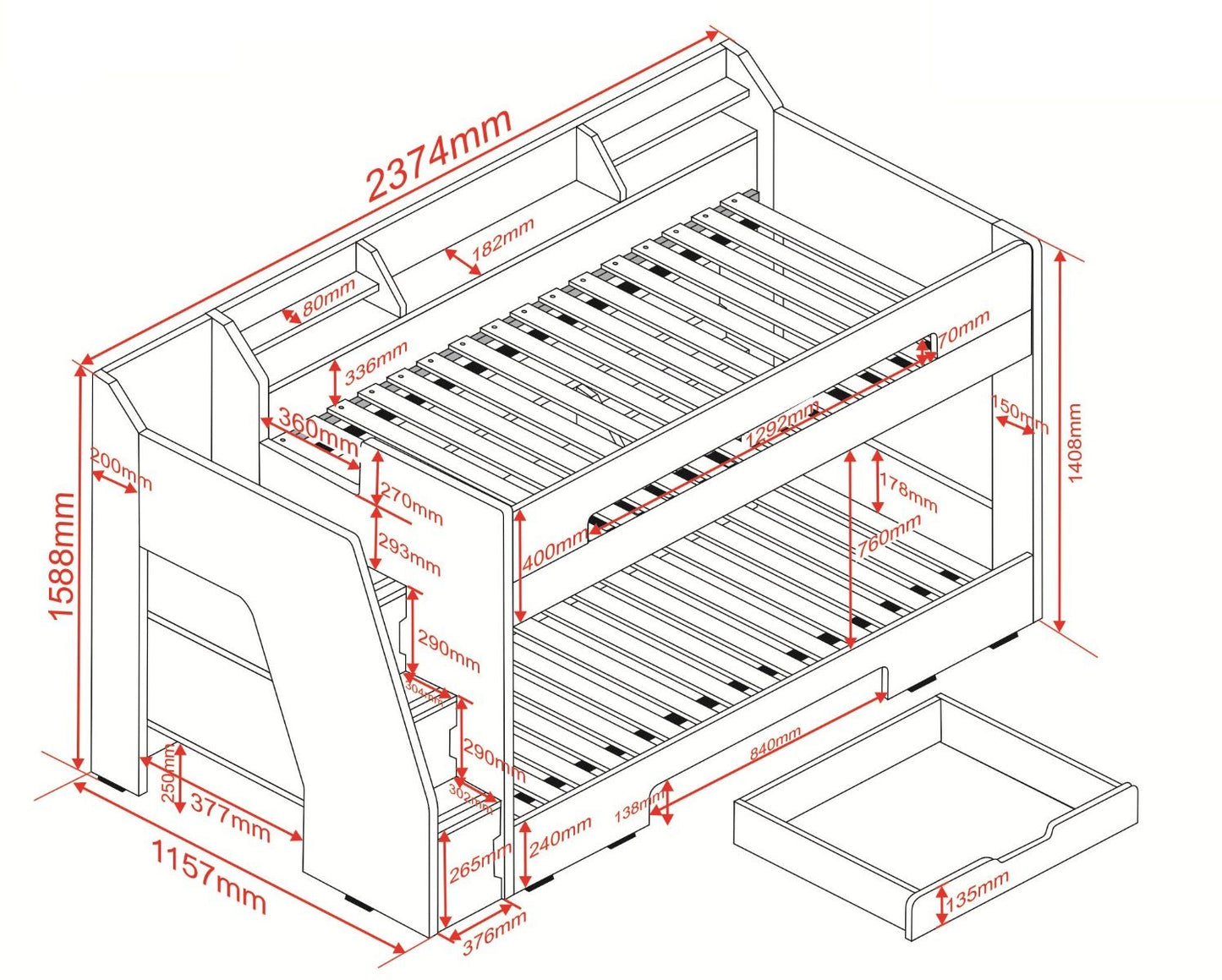 Slick Staircase Grey Bunk Bed with Storage
