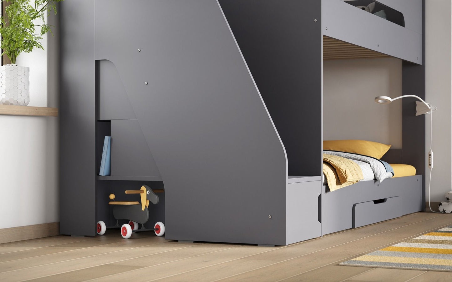 Slick Staircase Grey Bunk Bed with Storage