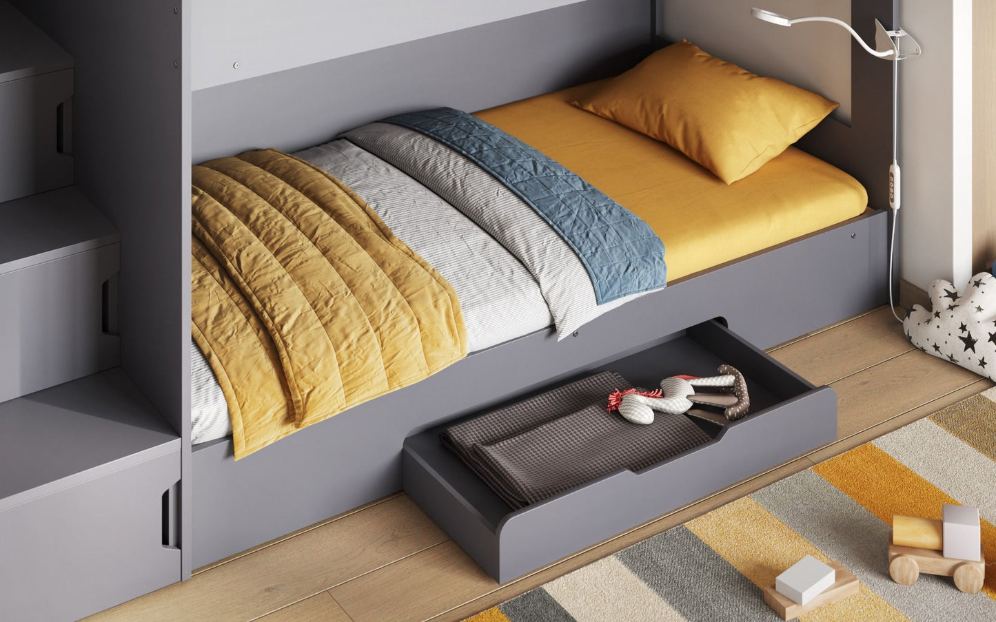 Slick Staircase Grey Bunk Bed with Storage