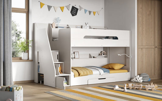 Slick White Staircase Bunk Bed with Storage