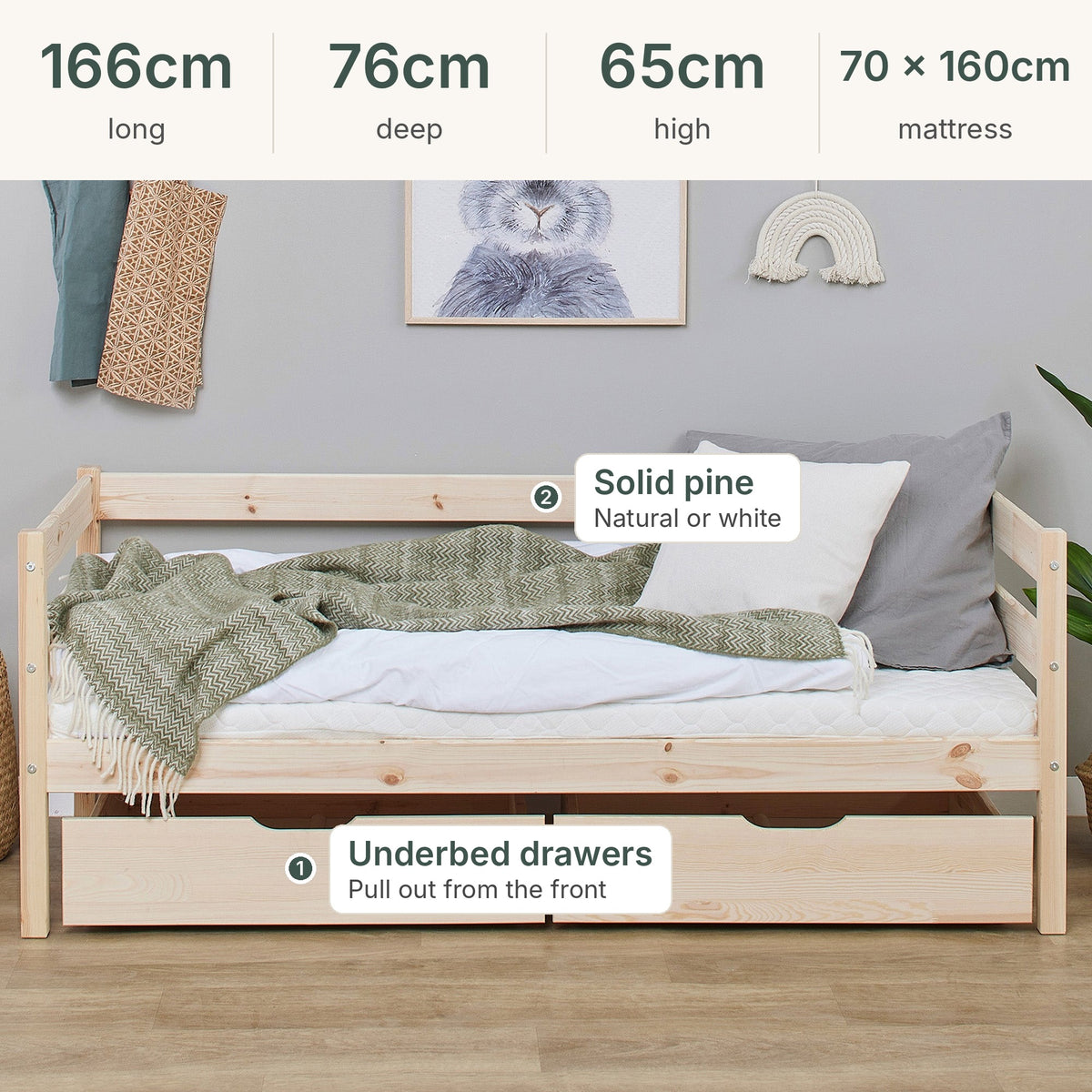 Tarn Shorty daybed with drawers sizes: 166cm long, 76cm deep, 65cm high, 70 x 160cm mattress